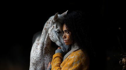 Young woman with dark skin and long hair Show your love for this majestic white horse. on a black background