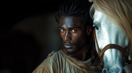 dark skinned man with long hair Show your love for this majestic white horse. on a black background