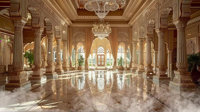 elegant classic interior beautiful royal architecture background.  ballroom evoking the glamour of palace. seamless looping overlay 4k virtual video animation background