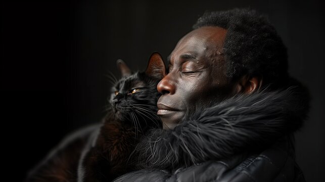 Dark-skinned man and black cat Show love to each other deep relationship Dark black background, love concept