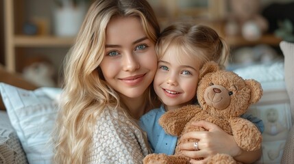 Smiling mother hugging cute little girl holding teddy bear toy. both laughing while cuddling. girl sitting on mom's knees. female tickling her child. Human relationships. Carefree childhood
