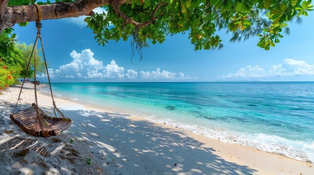 Tropical beach panorama as summer landscape with beach swing or hammock and white sand and calm sea for beach banner. Perfect beach scene vacation and summer holiday concept.