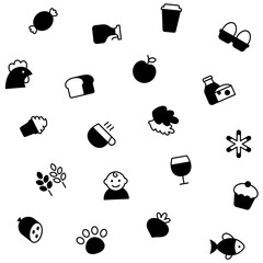 Vector food icon seamless pattern. Modern supermarket grocery symbol background. Retail store product signs set. Shop department pictograms such as fruit, dairy, fish, chicken, coffee, bakery