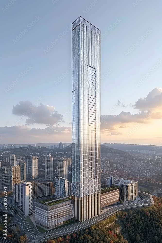 Poster the soaring lines of a modern skyscraper reflect the ambitious spirit of urban architectural design,