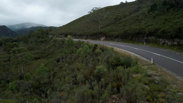 Desolate Road In Rural Outback Forest. Franklin-Gordon Wild Rivers National Park, Tasmania, Australia. Aerial Shot