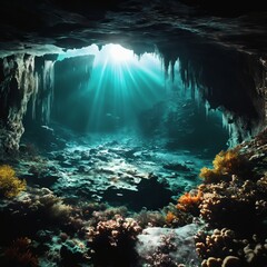 Underwater cave entrance. Background for design, print, card (greeting card), banner, poster, flyer, advertising, wallpaper.