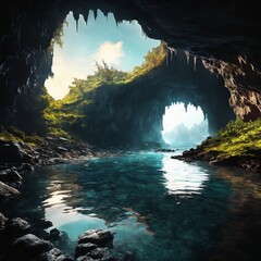Underwater cave entrance. Background for design, print, card (greeting card), banner, poster, flyer, advertising, wallpaper.