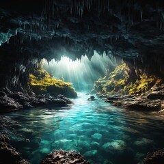 Underwater cave entrance. Background for design, print, card (greeting card), banner, poster, flyer, advertising, wallpaper.