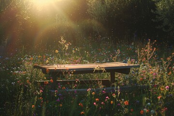 There is an empty table in a field full of the natural color of autumn picture lens flare,...