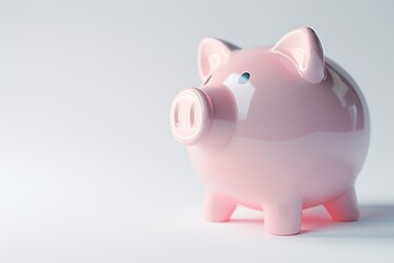 A glossy pink piggy bank on a seamless grey background.