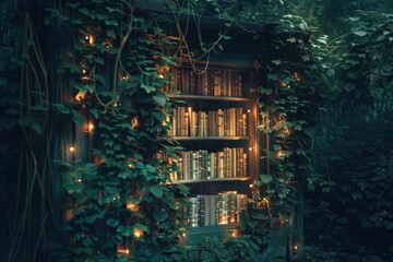 library of books in the forest with lights