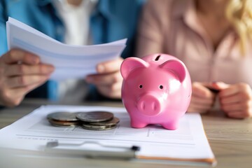 Couple reviewing finances with a pink piggy bank and coins in focus.