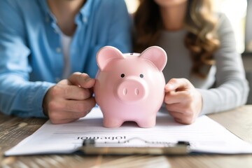 Two people holding a pink piggy bank over documents on a table.