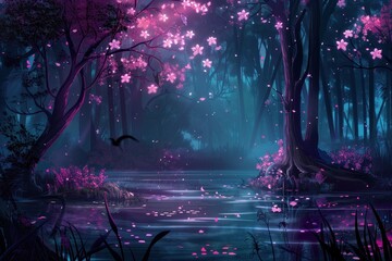dark forest landscape with bright pink flowers and trees