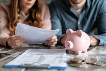Couple reviews finances with documents and a piggy bank on the table.