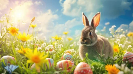 Crédence en verre imprimé Jaune A painting of a bunny rabbit amidst Easter eggs and flowers in a natural landscape, with a blue sky dotted with clouds, plants, and green grassland AIG42E