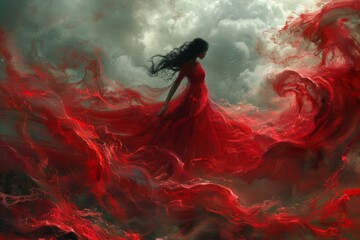 Concept woman soul. Free woman in red dress against the sky