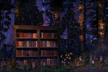 book shelf in the forest with a starry night - obrazy, fototapety, plakaty