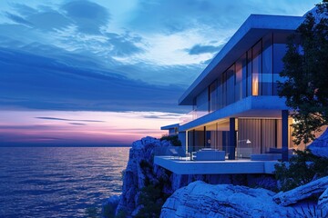 Obraz premium modern villa house on the cliff 3d rendering