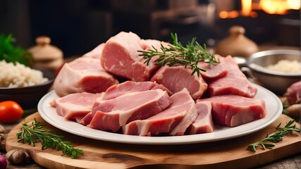 Close-up of raw meat cuts, including raw pig against a backdrop of home-cooked, fatty meat. Large portion of food on the plate. A lot of fat. Stuffing. Delectable beef products fried. Cooking stew in 