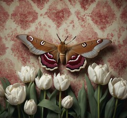 Butterfly and white tulips on a vintage background. Toned.