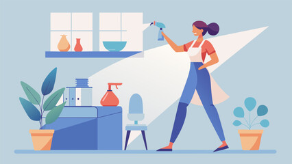 A woman happily sprays her DIY allnatural disinfectant around her home knowing it effectively kills germs without the use of harsh and - obrazy, fototapety, plakaty