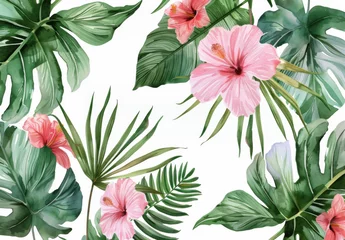 Fototapeten Tropical leaves and flowers seamless pattern with pink hibiscus, green monstera plant on white background © wanna