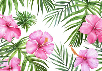 Tropical leaves and flowers seamless pattern with pink hibiscus, green monstera plant on white background