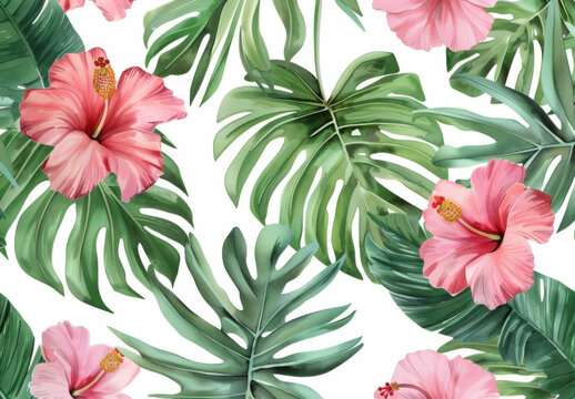Tropical leaves and flowers seamless pattern with pink hibiscus, green monstera plant on white background
