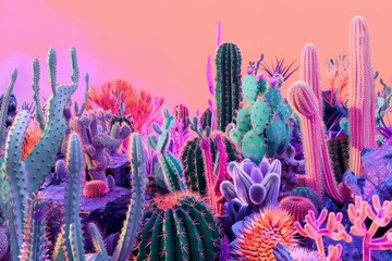 colorful zen garden of cactuses and other plants with pink and purple backgrounds - obrazy, fototapety, plakaty