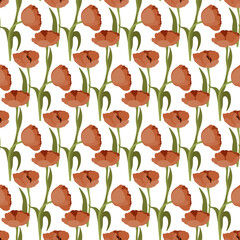 Tulip flowers. Spring floral seamless pattern. Stylized red flowers. Printing on fabric, packaging, wallpaper, tableware, home textiles.