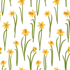 Narcissus flowers. Spring floral seamless pattern. Stylized flowers on a white background. Print for fabric, packaging, wallpaper, dishes, home textiles.