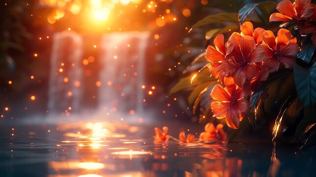 A photorealistic image capturing the vibrant beauty of a tropical paradise, featuring exotic flowers like orchids and lush monstera leaves, with a waterfall gently cascading in the background.