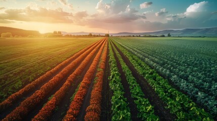 Sunset over rows of marigold and lettuce crops in a rural landscape
 - obrazy, fototapety, plakaty