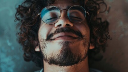 Close-up of a man with curly hair smiling. Intimate and joyful close-up shot of a young man with curly hair and glasses smiling with closed eyes - obrazy, fototapety, plakaty