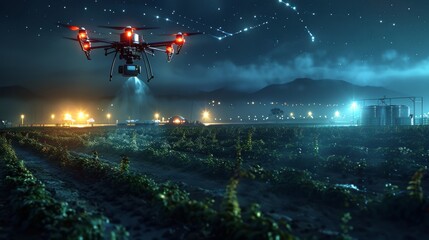 Industrial drone spraying crops at night with lights in a rural farmland
 - obrazy, fototapety, plakaty