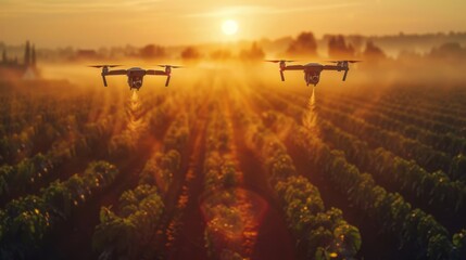 Drones flying over vegetable crops during a stunning sunrise on a farm