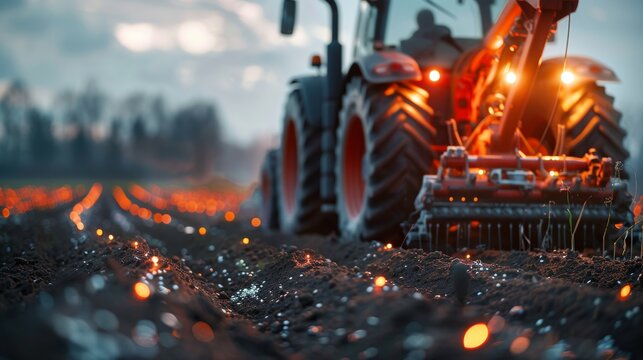 Modern tractor with illuminated lights plowing field at twilight
