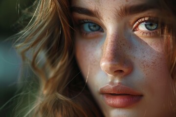 Close-up of a young woman with captivating eyes. A close-up portrait of a young woman whose captivating green eyes and freckles draw immediate attention and convey a sense of mystery and beauty - obrazy, fototapety, plakaty