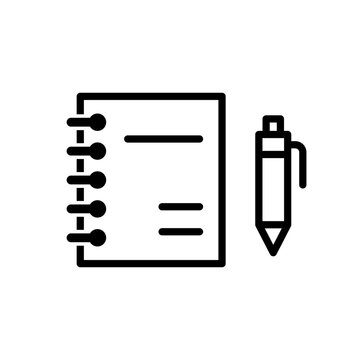 Spiral notebook and pen icon. Black color outline icon on white background.