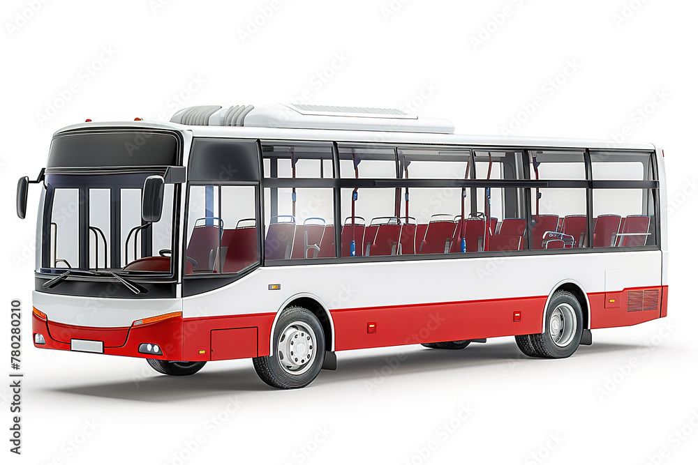 Poster 3d rendering of a modern red and white bus on a white background.