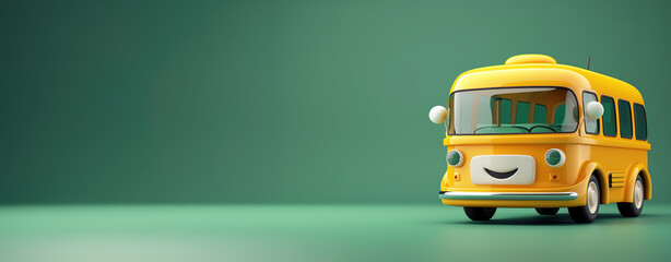 A cheerful yellow cartoon school bus on a solid green background with ample copy space.