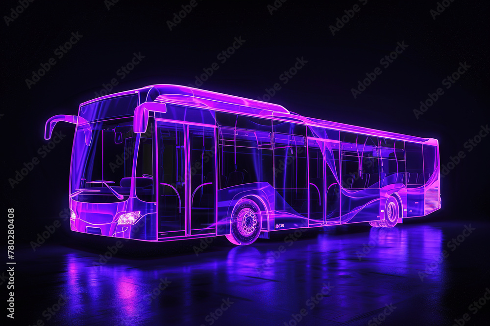 Poster 3d render of a bus with glowing neon lines on a dark background.