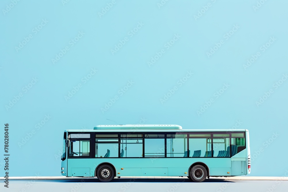Poster side view of a teal city bus on a light blue background with ample copy space.