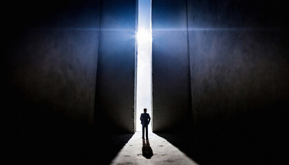 silhouette of a man standing in front of a opening between two huge high walls