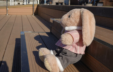 a toy rabbit in clothes is sitting on the playground on the thresholds