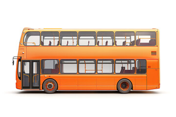 Side view of a vibrant orange double-decker bus isolated on a white background.
