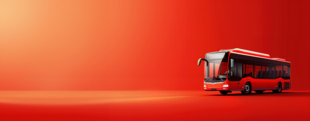 A red bus against a vibrant red backdrop with ample space for text.
