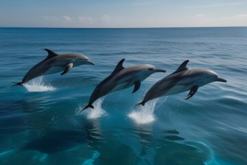 Fototapeta premium A playful group of dolphins, leaping out of the crystal blue ocean waters, their sleek bodies glistening in the sun.