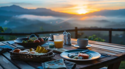 A serene breakfast scene with a sunrise view, featuring a healthy and balanced meal to start the day.